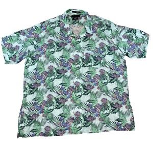 Paul Fredrick Mens XXL Pure Linen Tropical Palm Floral Camp Shirt Green Blue XXL